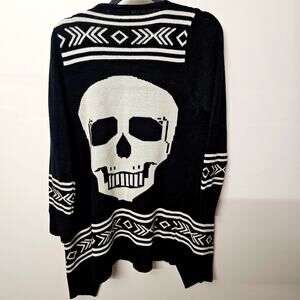 Karma Blue Black Skull Open Front Cardigan Medium M Aztec Knit Goth